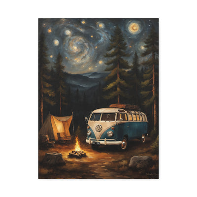 Starry Night Vintage Van Canvas Print featuring a classic camper van parked by a campfire in a starry forest