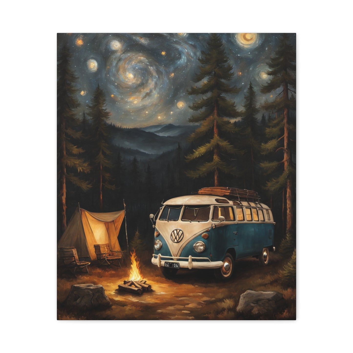 Starry Night Vintage Van Canvas Print featuring a scenic camping scene with a classic Volkswagen bus