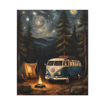 Starry Night Vintage Van Canvas Print featuring a scenic camping scene with a classic Volkswagen bus