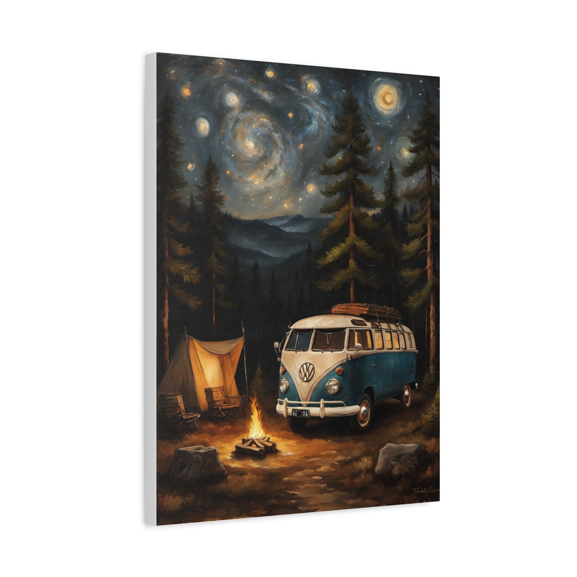 Starry Night Vintage Van Canvas Print featuring a classic Volkswagen van under a starry sky