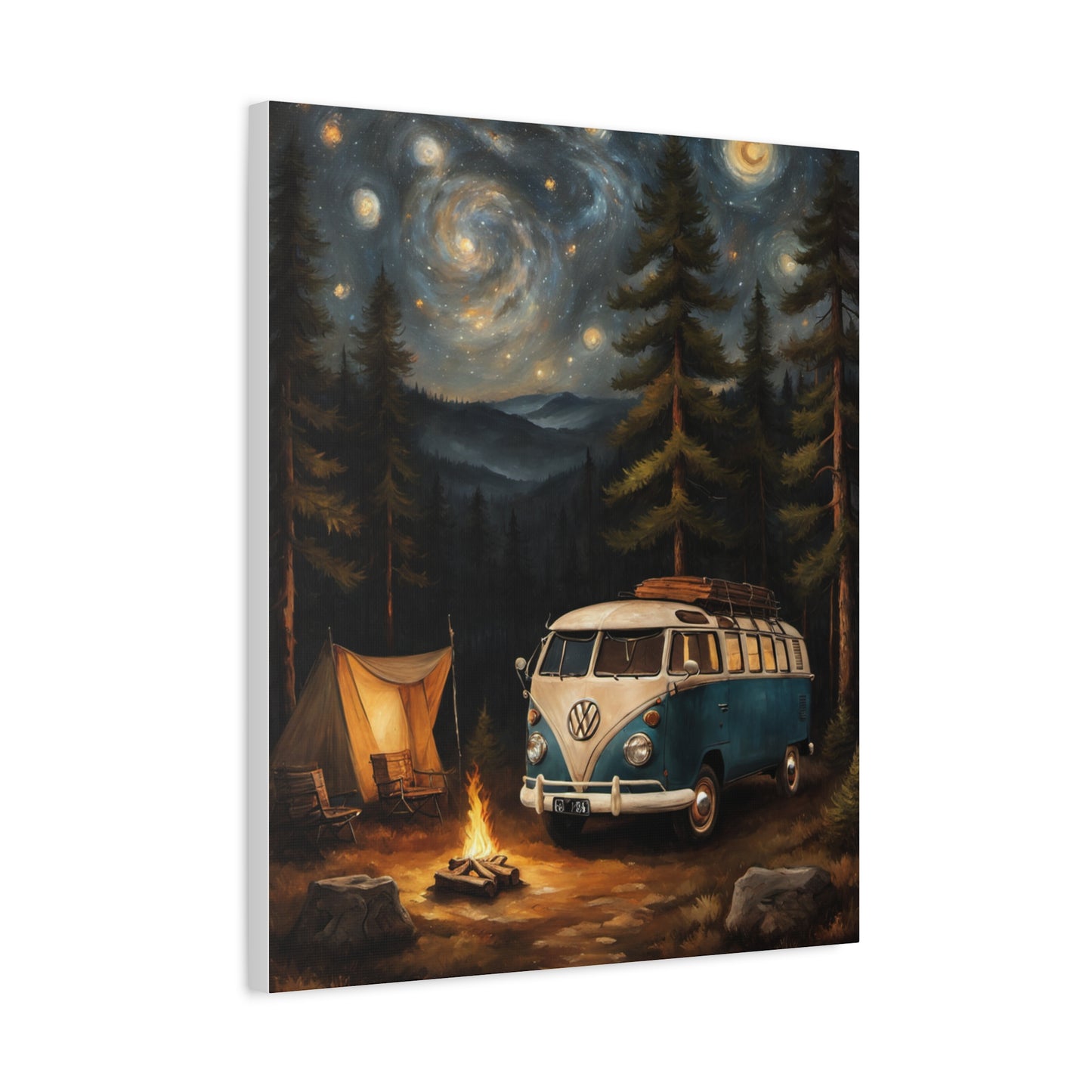 Starry Night Vintage Van Canvas Print featuring a vintage van and a campsite under a starry sky