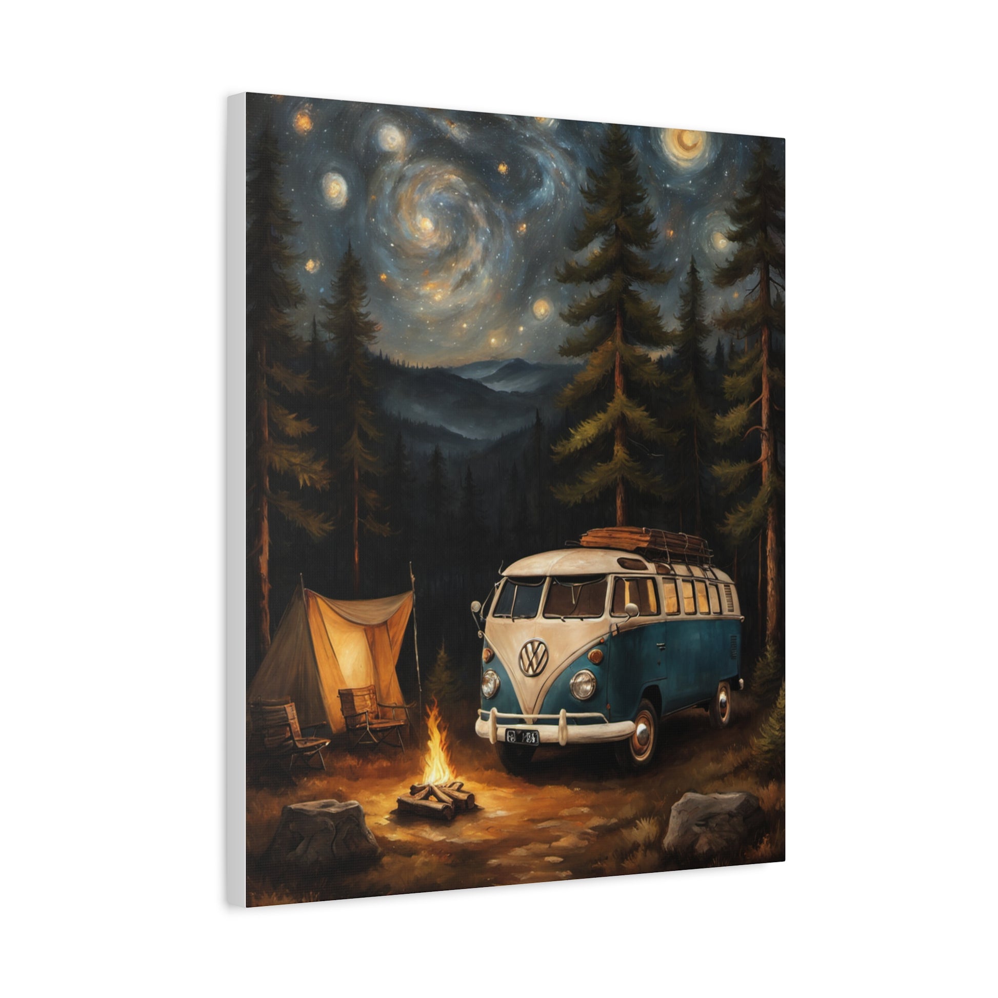Starry Night Vintage Van Canvas Print featuring a vintage van and a campsite under a starry sky