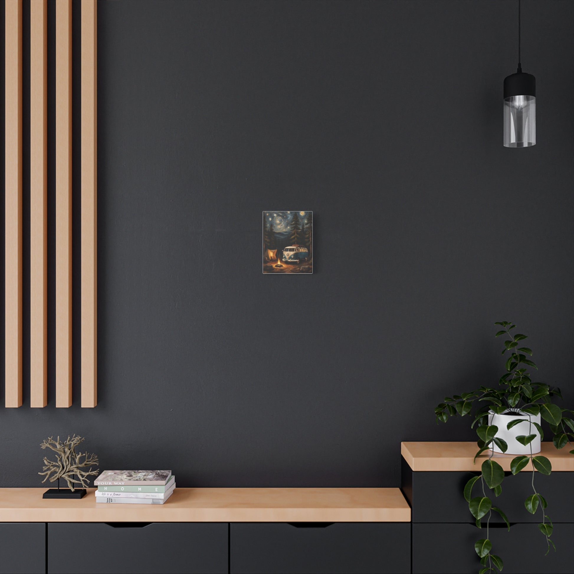 Starry Night Vintage Van Canvas Print showcased on a modern dark wall with wooden accents
