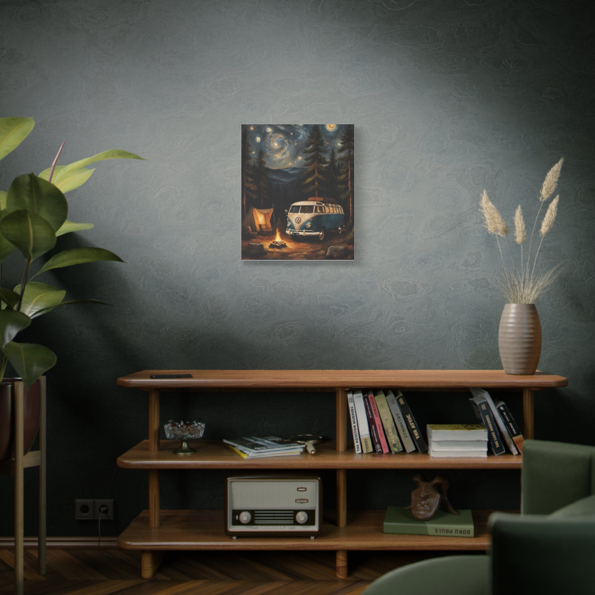 Starry Night Vintage Van Canvas Print featuring a van and campfire in a cozy indoor setting