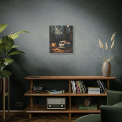Starry Night Vintage Van Canvas Print featuring a van and campfire in a cozy indoor setting