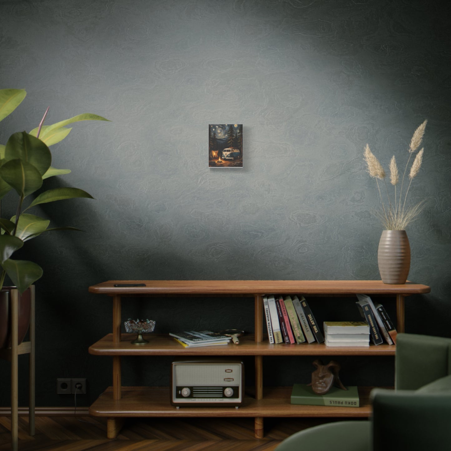 Starry Night Vintage Van Canvas Print displayed on a wooden shelf in a modern living room setting