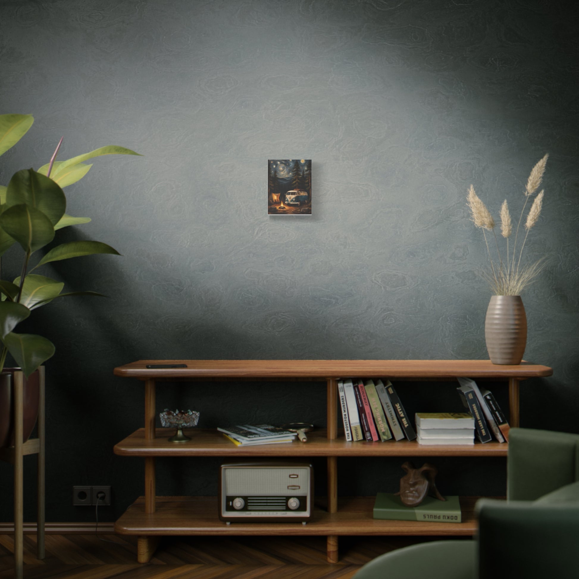 Starry Night Vintage Van Canvas Print displayed on a wooden shelf in a modern living room setting