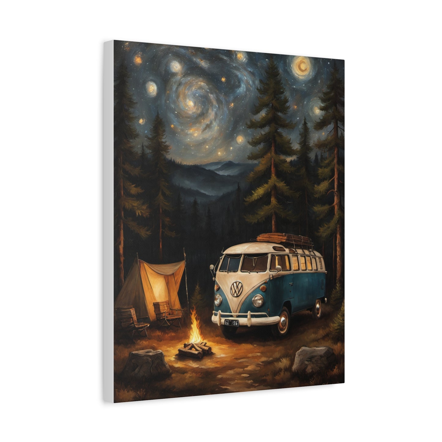 Starry Night Vintage Van Canvas Print featuring a retro van parked near a campsite under a starry sky