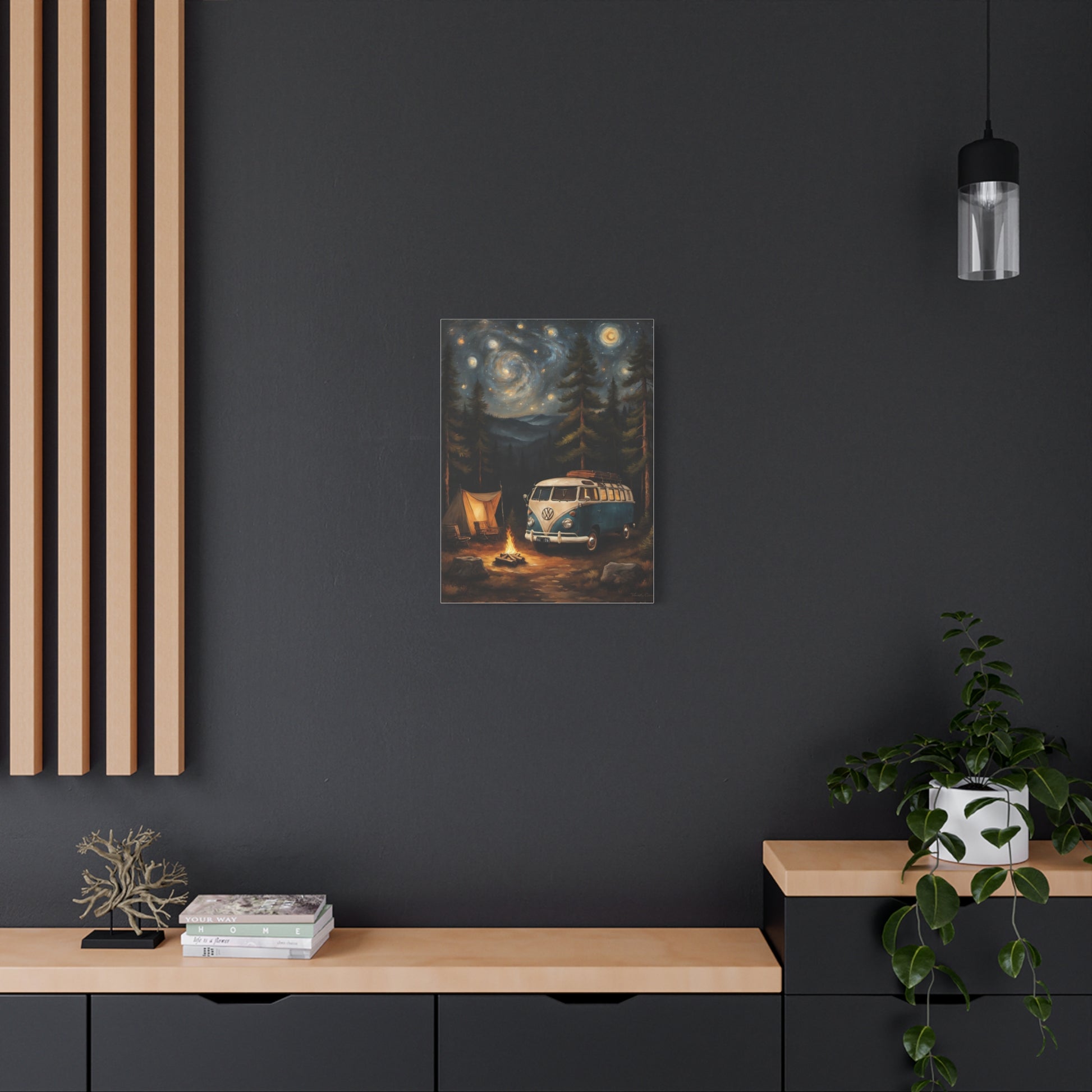 Starry Night Vintage Van Canvas Print featuring a serene camping scene with a vintage van and starry sky