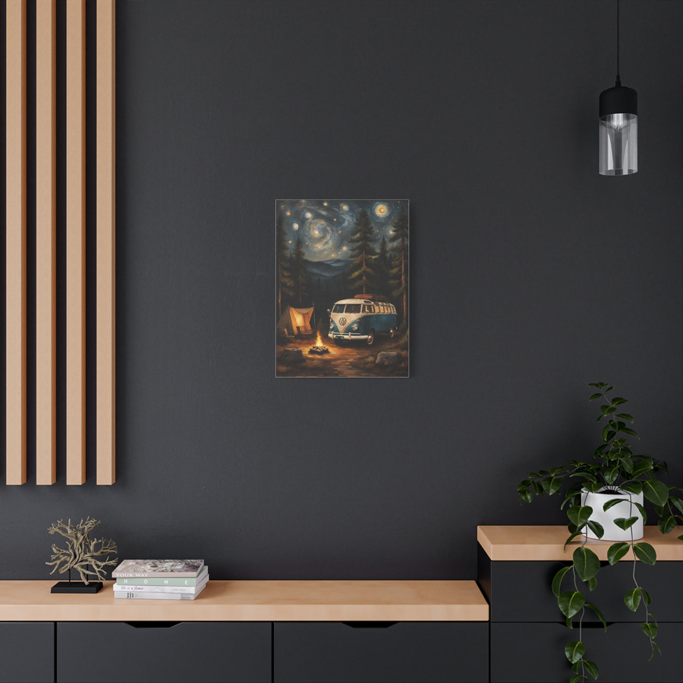 Starry Night Vintage Van Canvas Print featuring a serene camping scene with a vintage van and starry sky