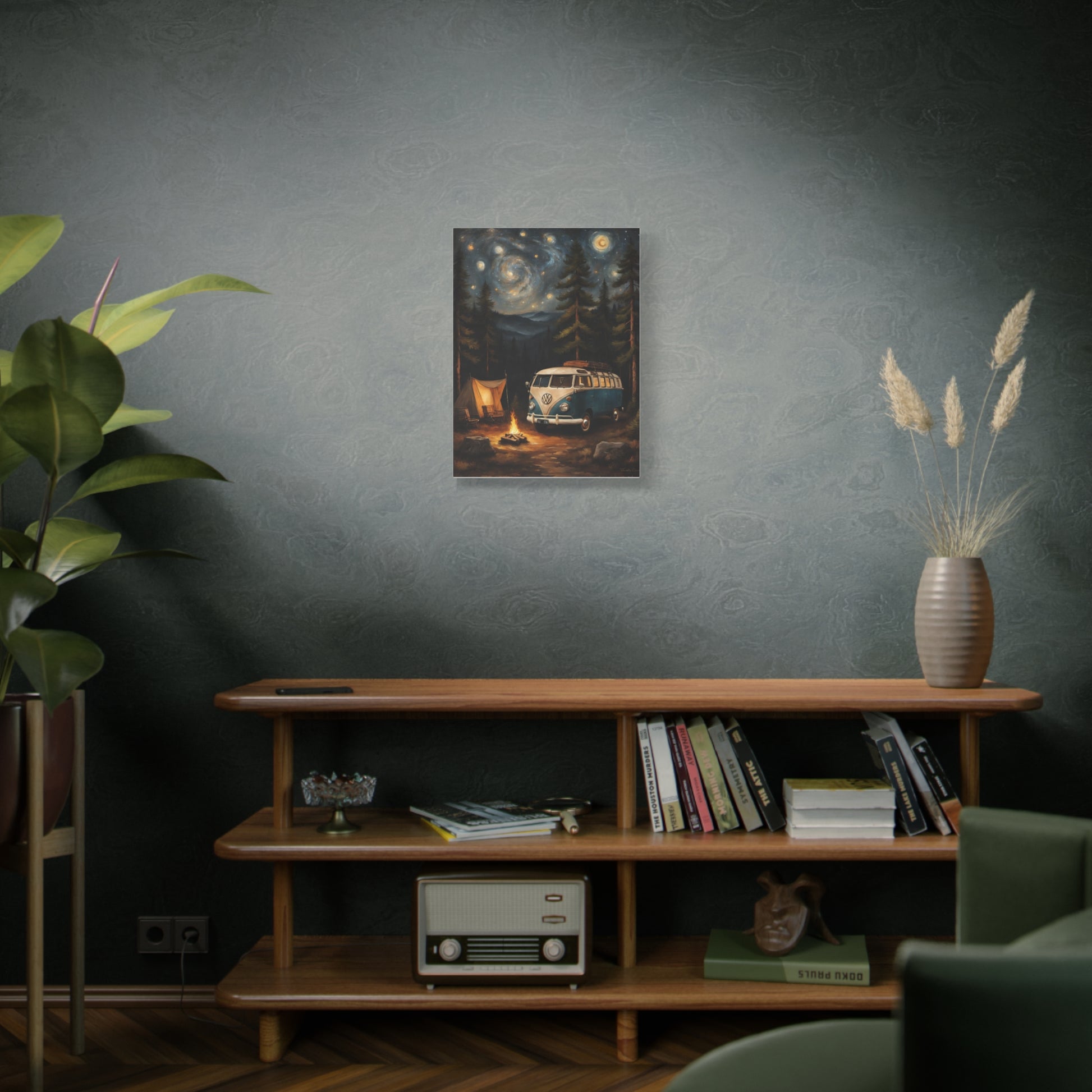 Starry Night Vintage Van Canvas Print featuring a cozy campsite scene with a vintage van and starry sky