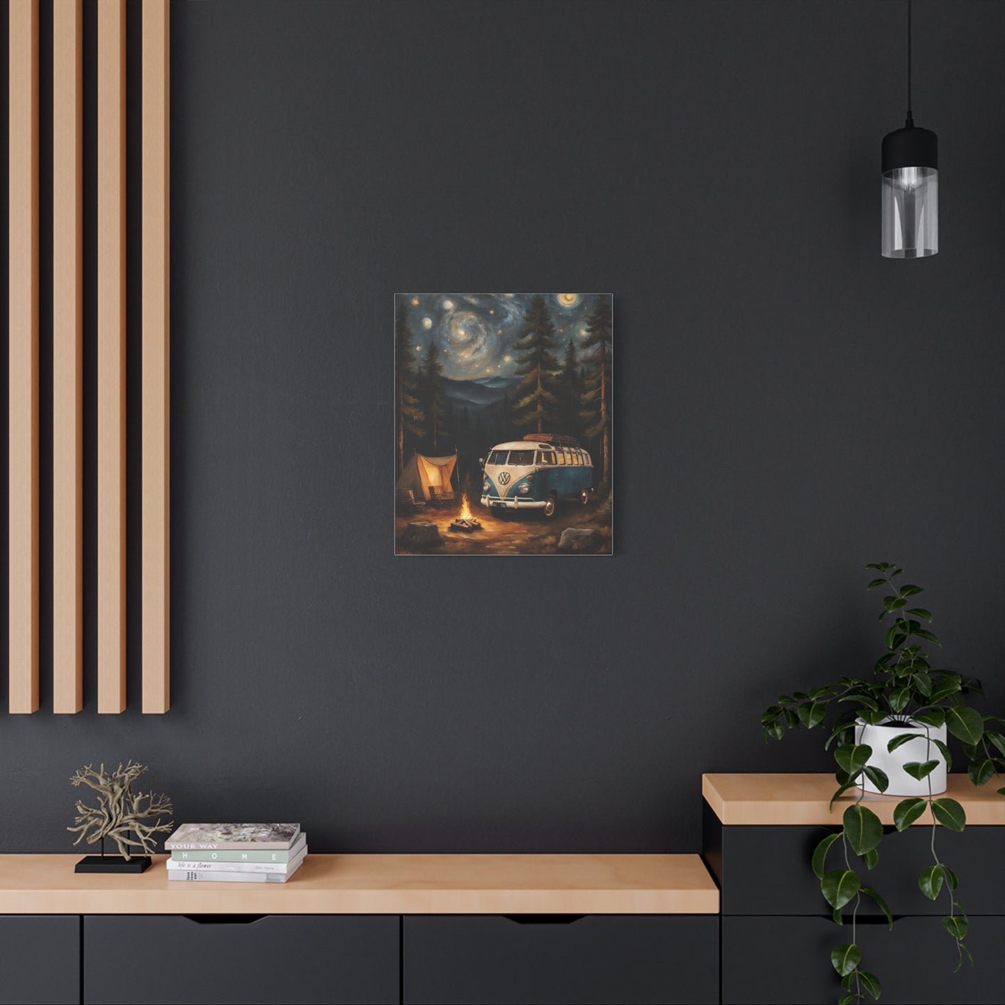 Starry Night Vintage Van Canvas Print depicting a camper van under a starry sky with a campfire and forest