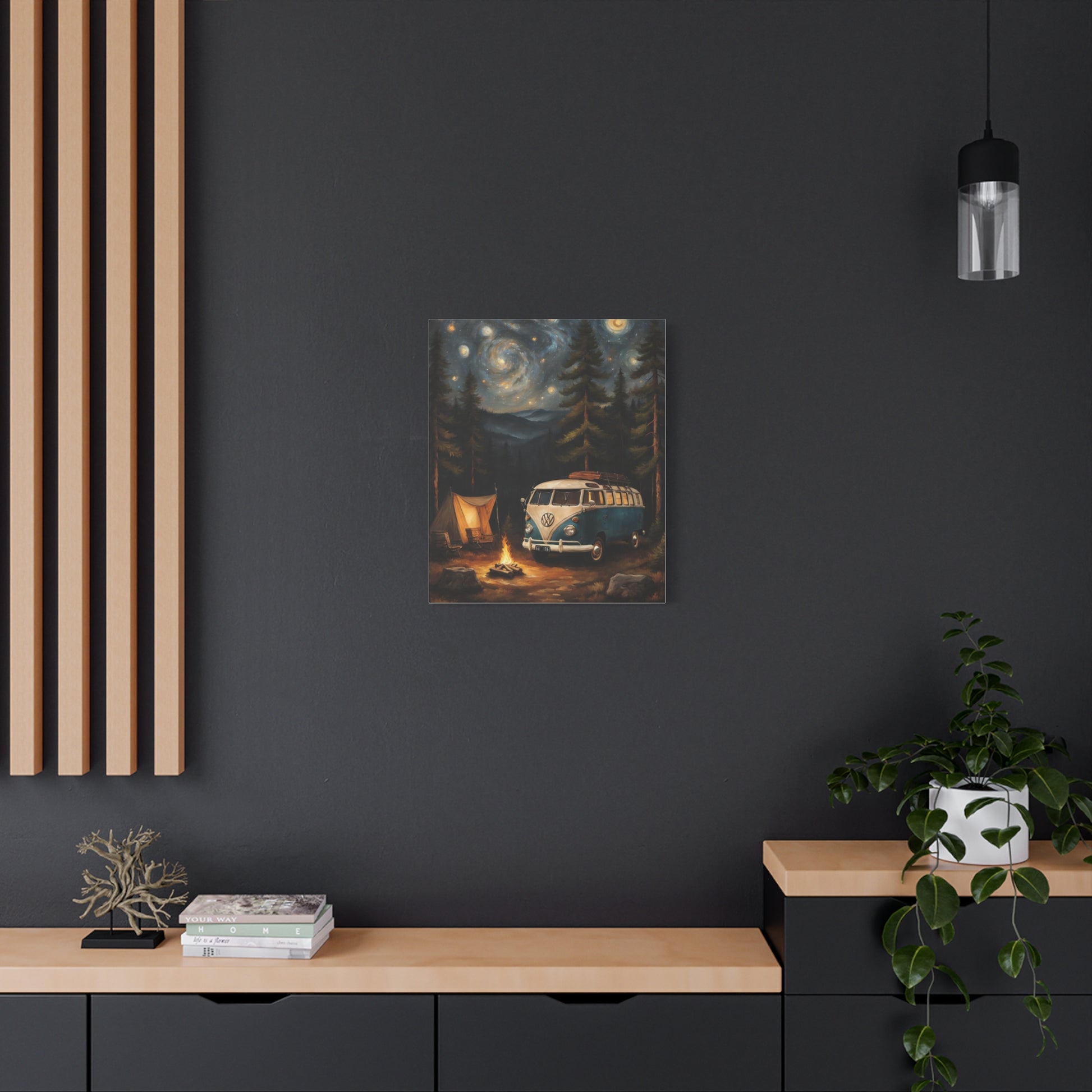 Starry Night Vintage Van Canvas Print depicting a camper van under a starry sky with a campfire and forest
