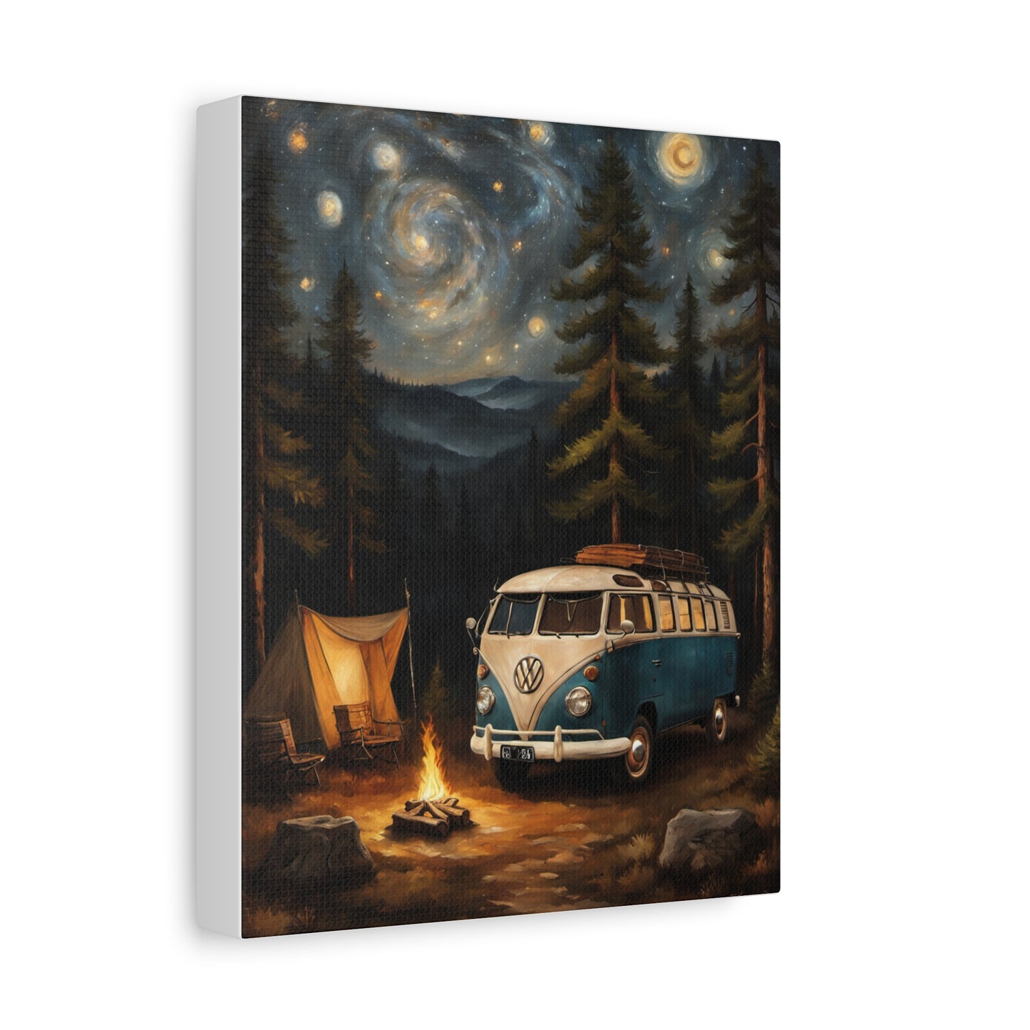 Starry Night Vintage Van Canvas Print featuring a VW bus by a campfire under a starry sky
