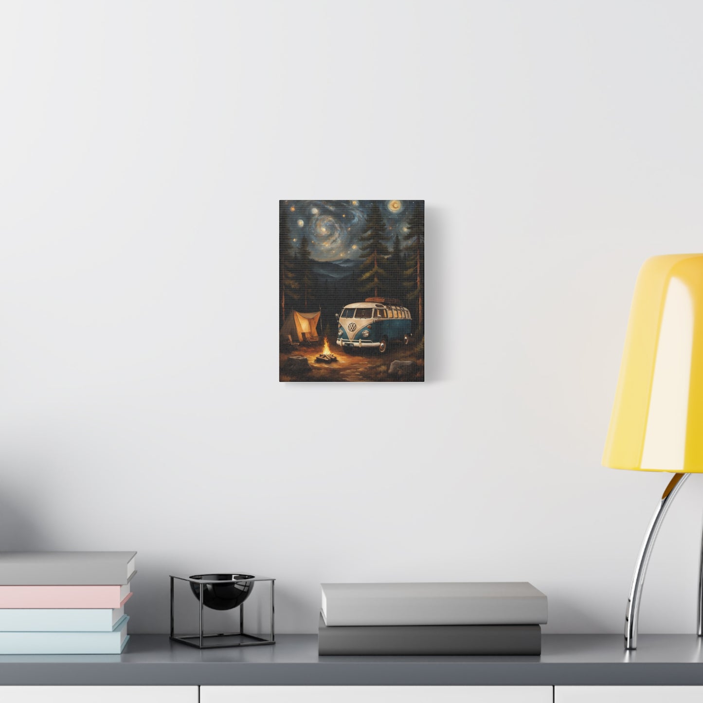 Starry Night Vintage Van Canvas Print featuring a retro camper under a starlit sky