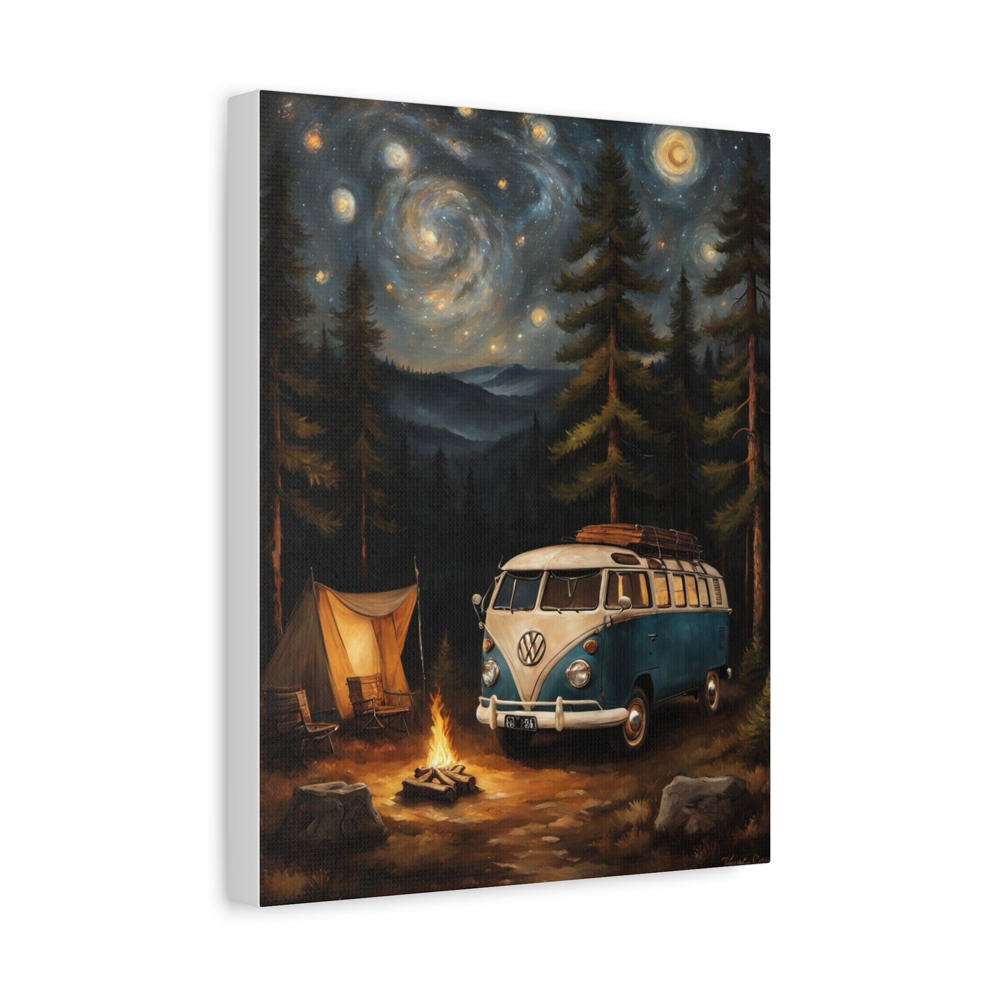 Starry Night Vintage Van Canvas Print featuring a classic van near a campfire in a starry forest setting