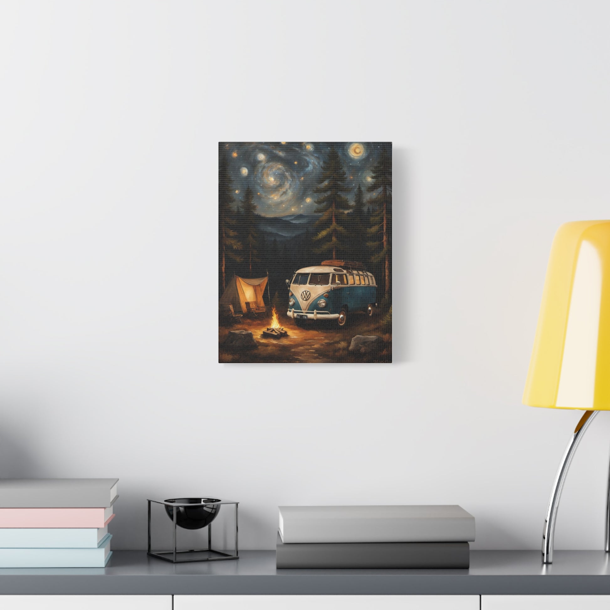 Starry Night Vintage Van Canvas Print featuring a VW camper under a starry sky with a campfire