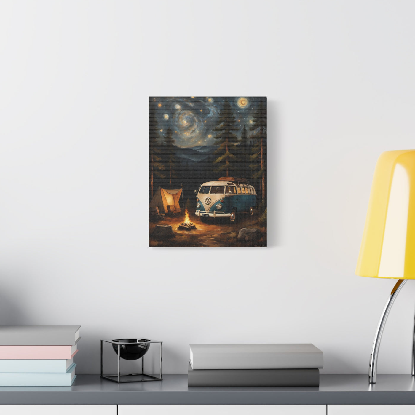 Starry Night Vintage Van Canvas Print featuring a VW camper under a starry sky with a campfire