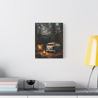Starry Night Vintage Van Canvas Print featuring a VW camper under a starry sky with a campfire