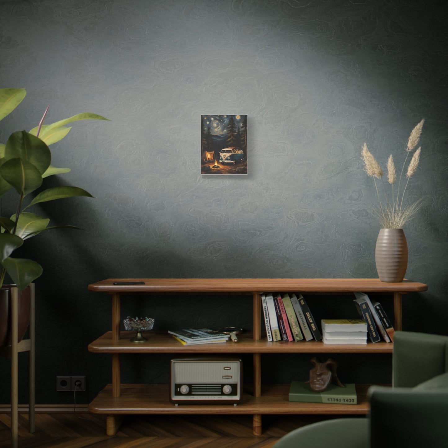 Starry Night Vintage Van Canvas Print hanging on a wall above a wooden shelf with plants and books