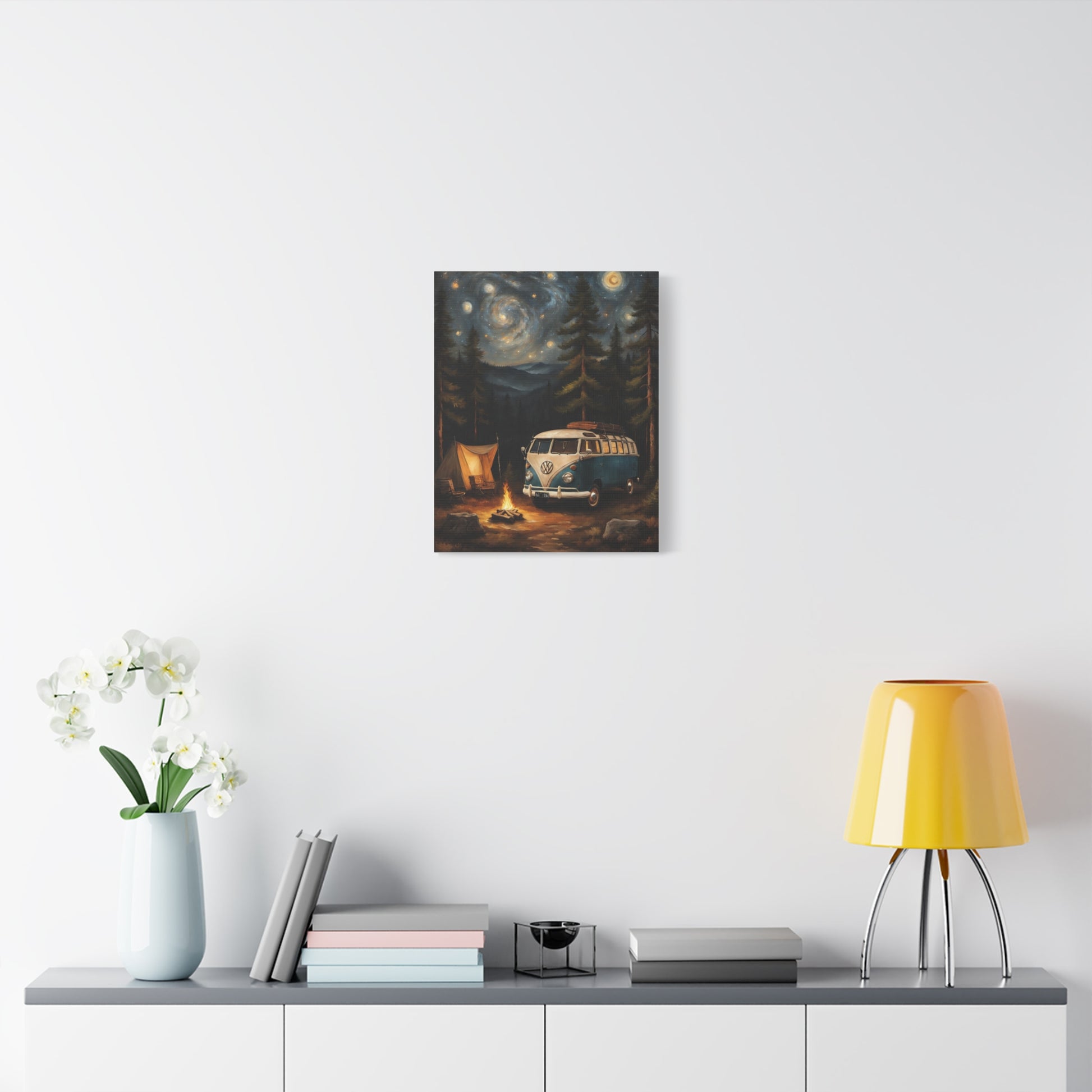 Starry Night Vintage Van Canvas Print featuring a night scene with a camper and trees on a wall.