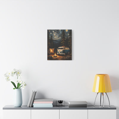 Starry Night Vintage Van Canvas Print featuring a night scene with a camper and trees on a wall.
