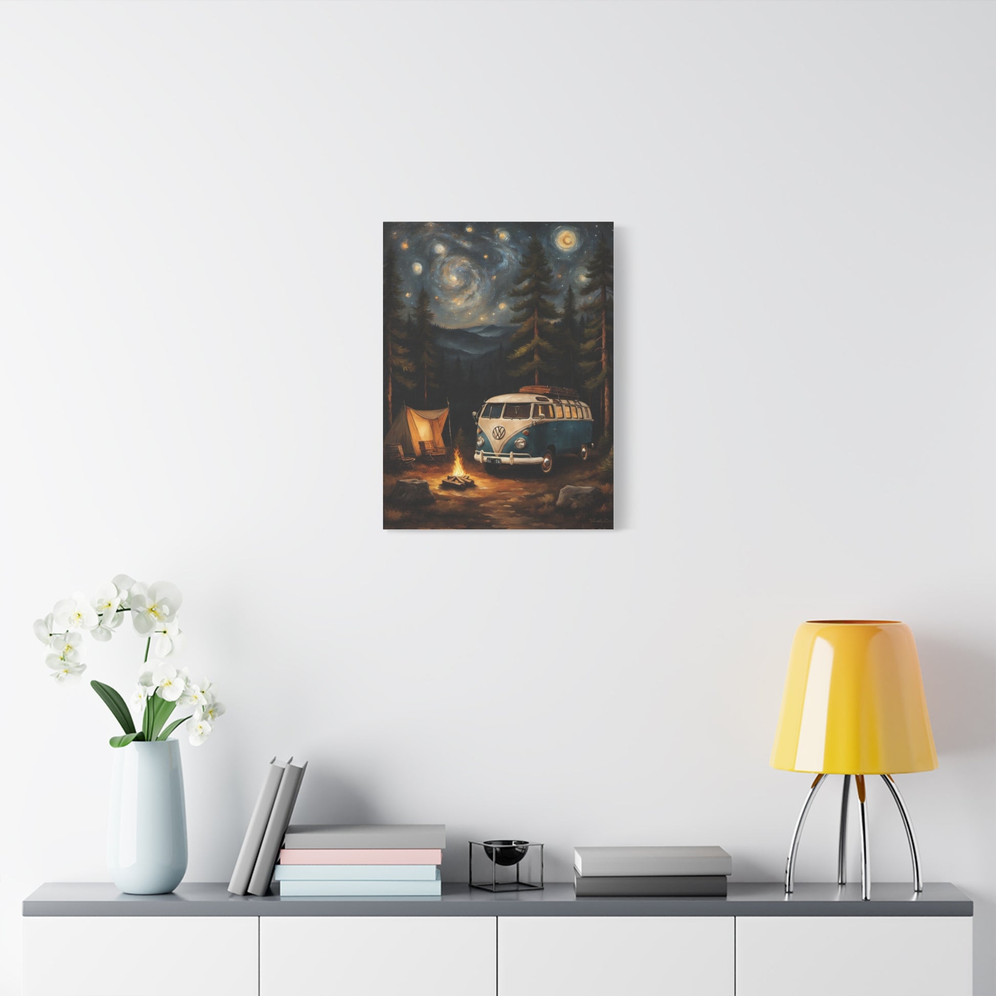 Starry Night Vintage Van Canvas Print featuring a retro van by a campfire under a starry sky