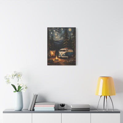 Starry Night Vintage Van Canvas Print featuring a retro van by a campfire under a starry sky