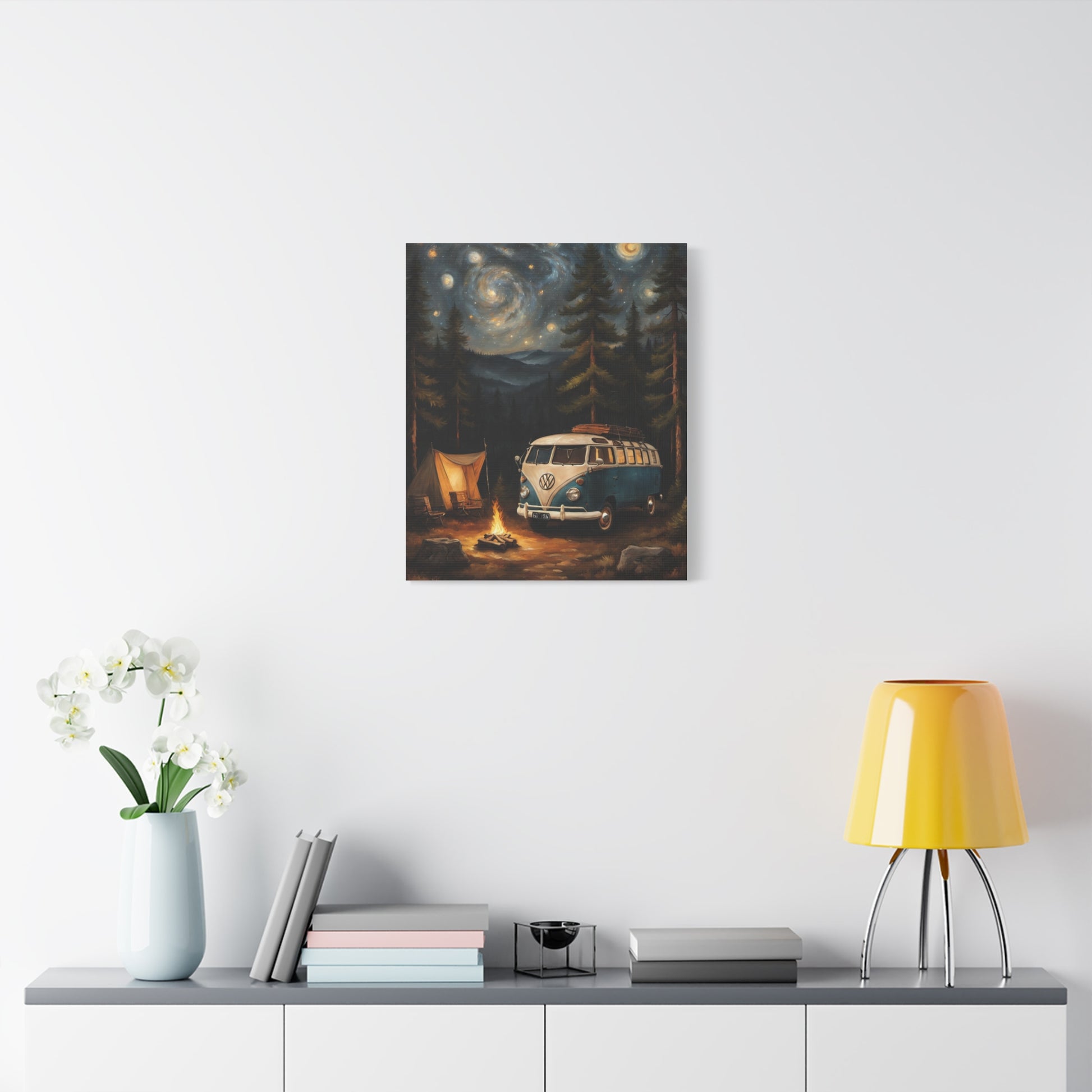 Starry Night Vintage Van Canvas Print featuring a retro camper and a starry sky in a woodland setting