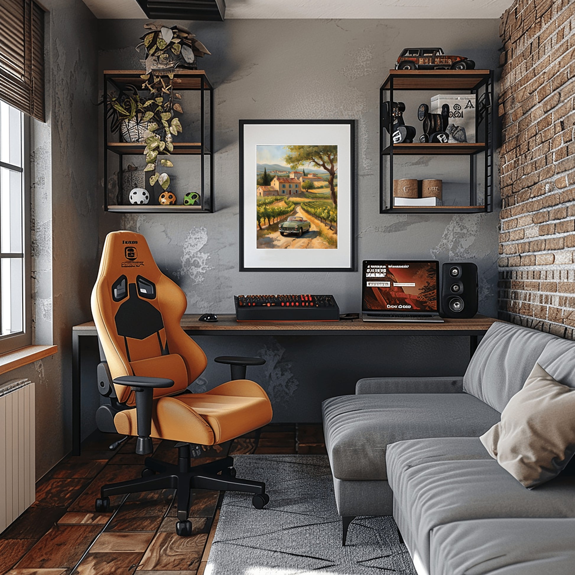 AquilVision digital golden hour landscape painting framed above gaming desk in modern orange chair workspace