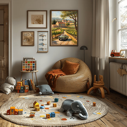 AquilVision digital print golden hour landscape painting framed above cozy kids playroom with wicker chair