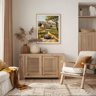 AquilVision framed golden hour landscape painting of Tuscan countryside with vintage car in cozy living room