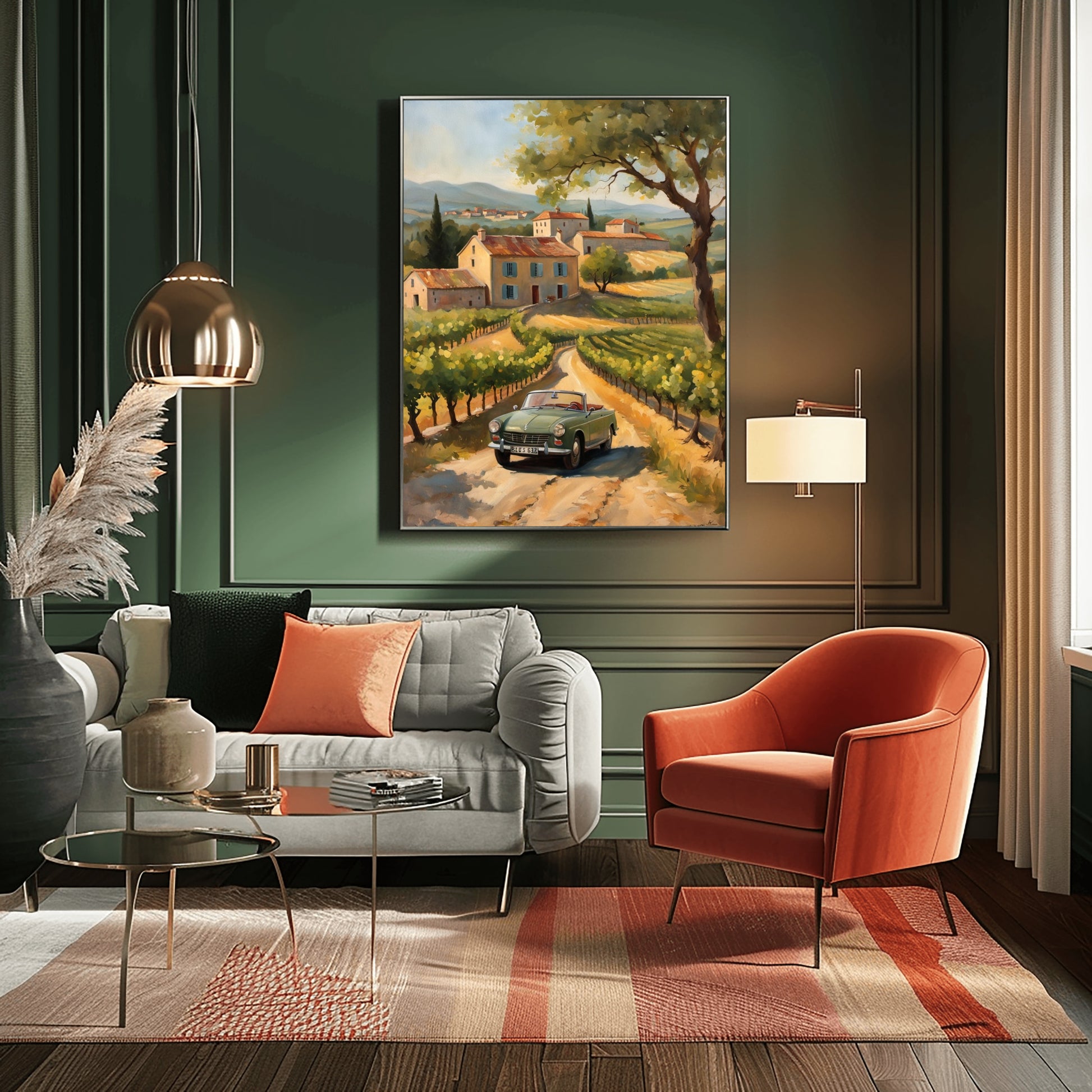 AquilVision digital golden hour landscape painting of a Tuscan village with vintage car on sunlit vineyard road
