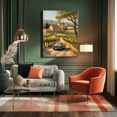 AquilVision digital golden hour landscape painting of a Tuscan village with vintage car on sunlit vineyard road