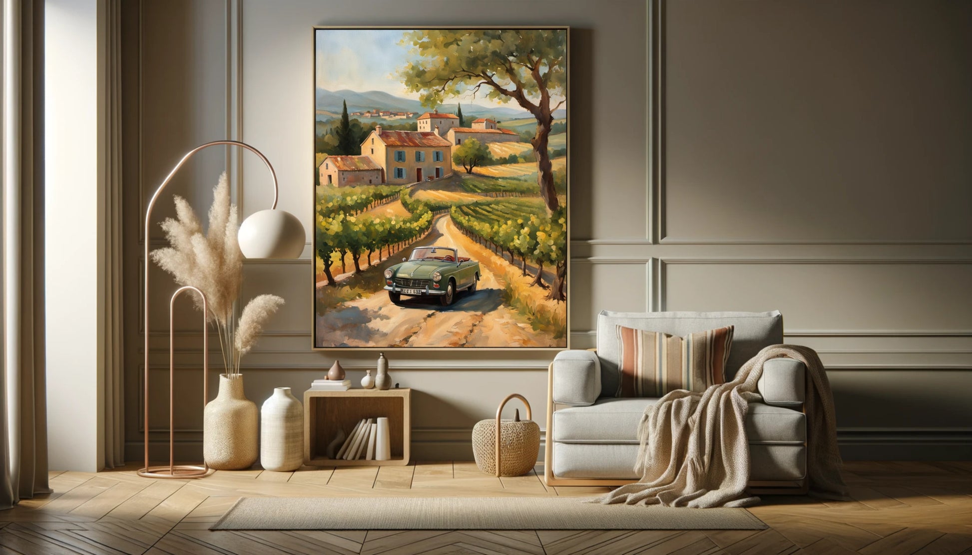 AquilVision digital golden hour landscape painting of Tuscan villa vineyard and vintage car framed in modern living room