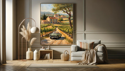 AquilVision digital golden hour landscape painting of Tuscan villa vineyard and vintage car framed in modern living room