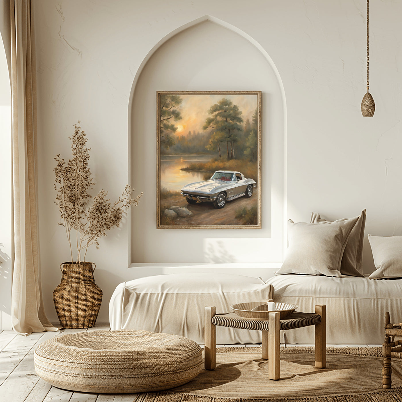 AquilVision digital print of a vintage car by a lakeside at sunset displayed in a cozy neutral room golden hour landscape wall art