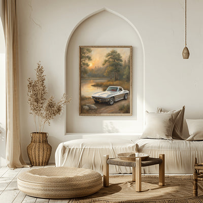 AquilVision digital print of a vintage car by a lakeside at sunset displayed in a cozy neutral room golden hour landscape wall art