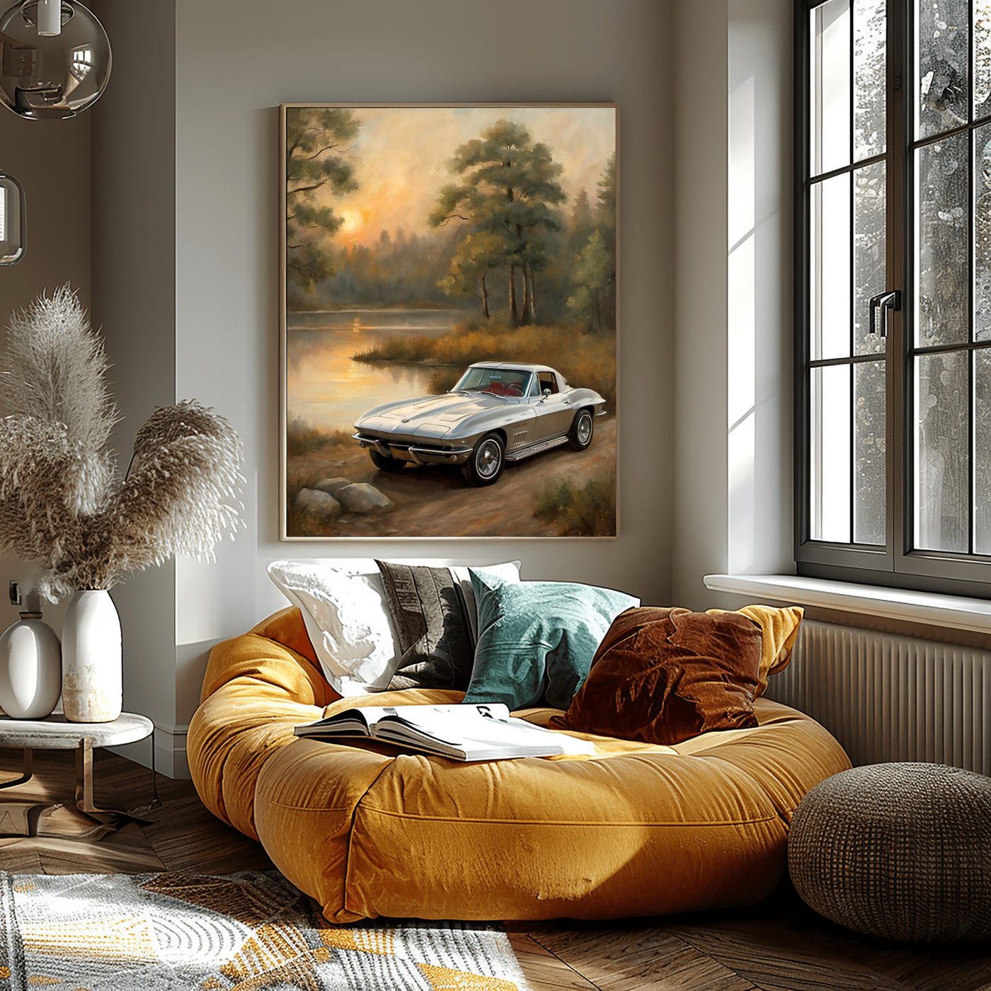 AquilVision digital print of a vintage car lakeside at sunset in cozy living room golden hour landscape wall art