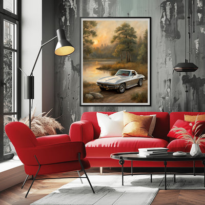 AquilVision golden hour landscape wall art digital print of vintage white car by a lakeside in a modern living room