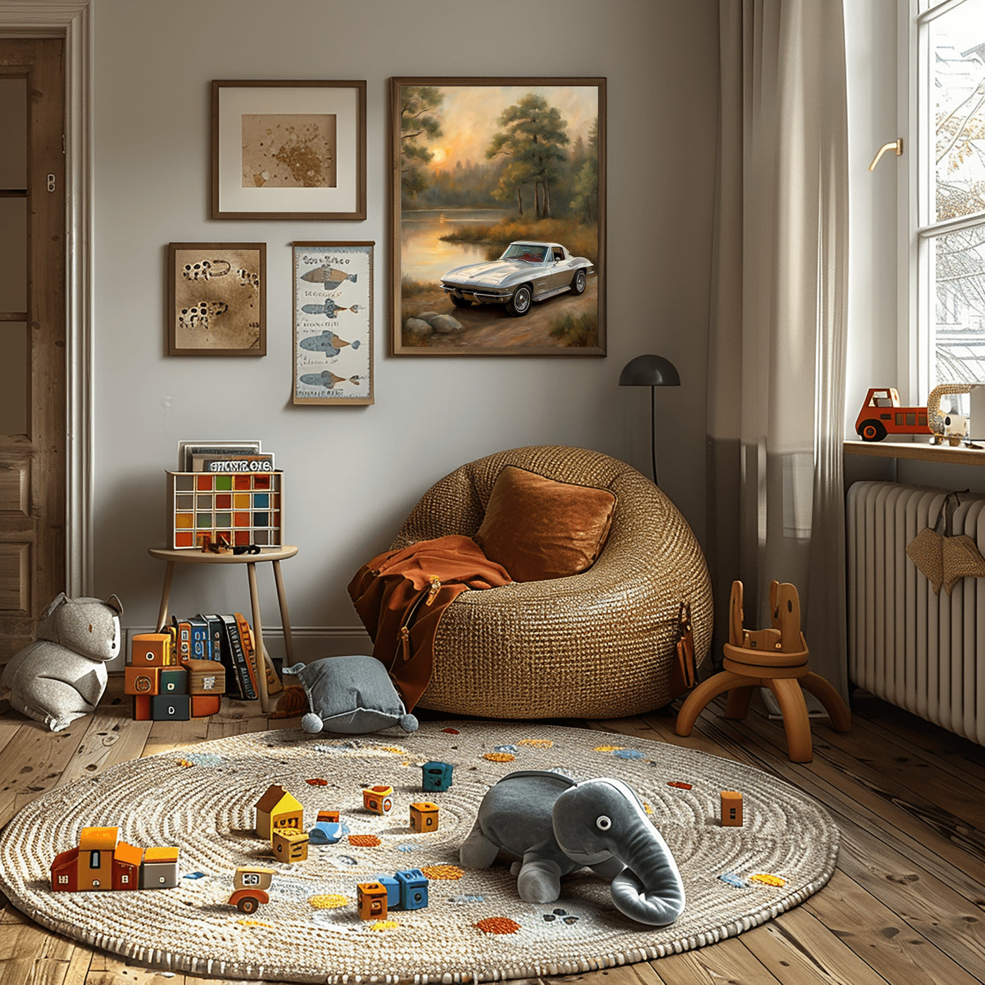 Cozy kids playroom with wicker chair rug wooden toys and framed golden hour landscape wall art by AquilVision