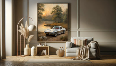 AquilVision golden hour landscape wall art featuring a classic silver Corvette by a lake in a cozy modern living room