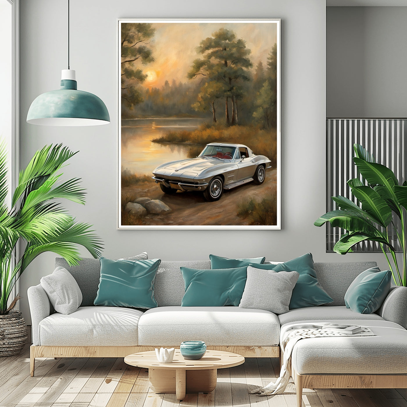 AquilVision digital golden hour landscape wall art showing a vintage car by a lakeside sunset hung above a modern sofa