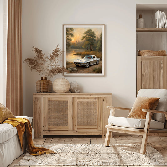 AquilVision golden hour landscape wall art print of vintage white car by a lakeside at sunset in a styled neutral living room