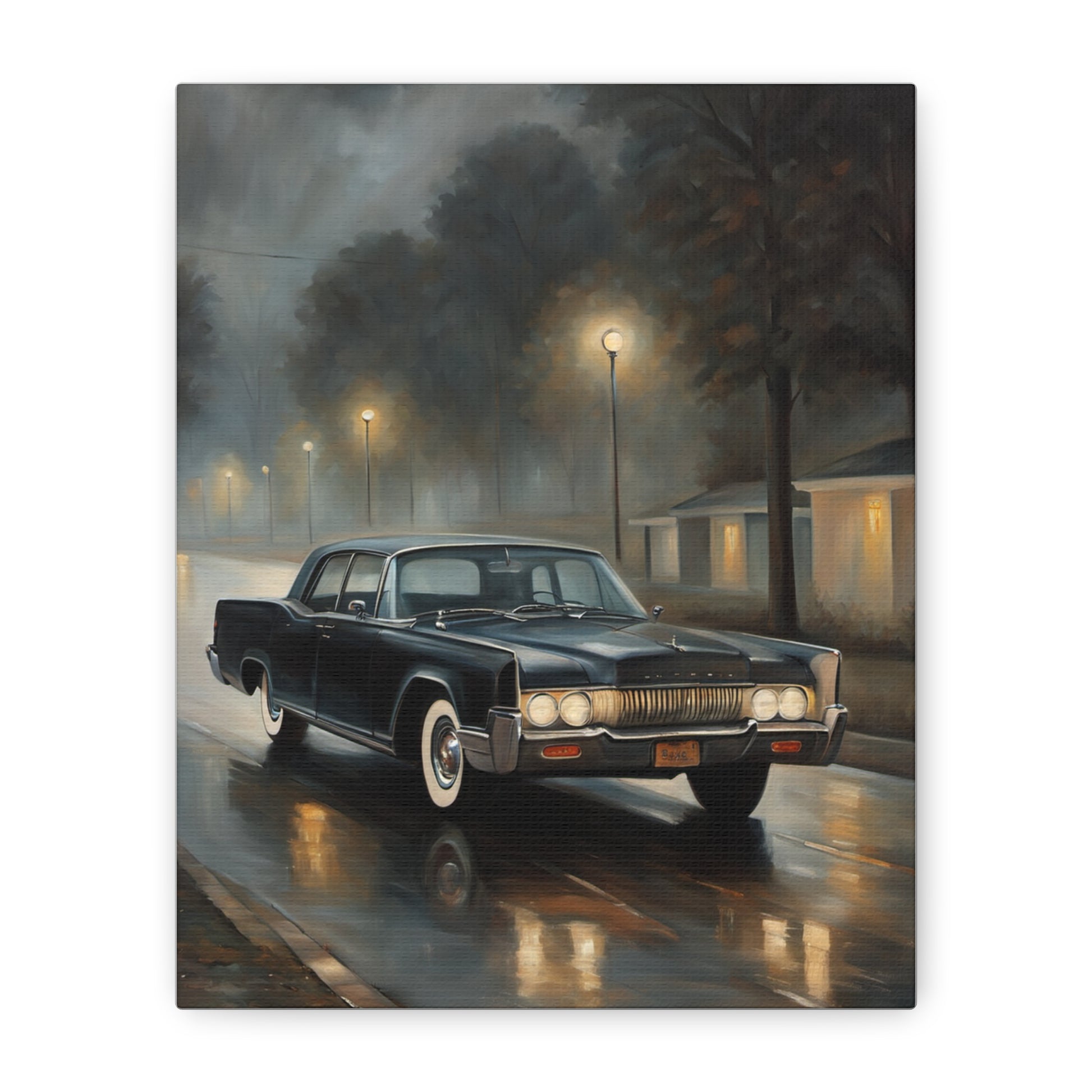 Stylish Stretched Canvas Art: Classic Car in Rainy Night Scene capturing vintage elegance and atmospheric beauty