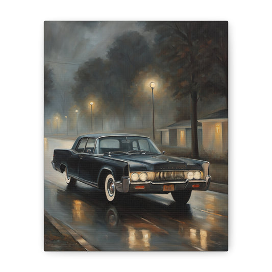 Stylish Stretched Canvas Art: Classic Car in Rainy Night Scene capturing vintage elegance and atmospheric beauty