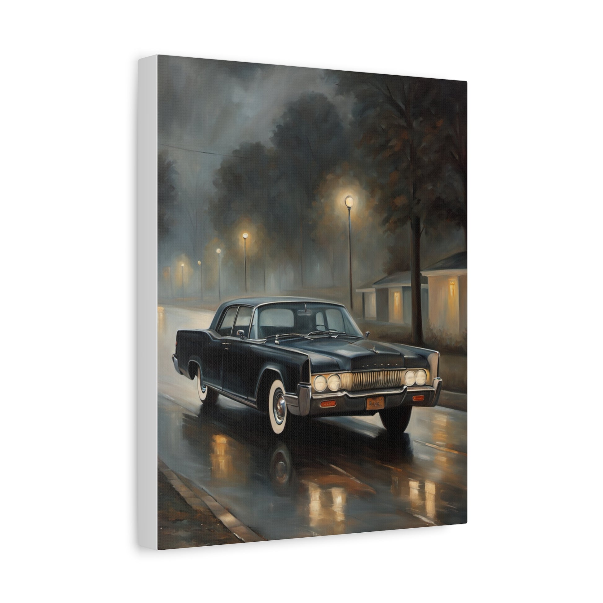 Stylish Stretched Canvas Art: Classic Car in Rainy Night Scene showing a vintage car on a wet street