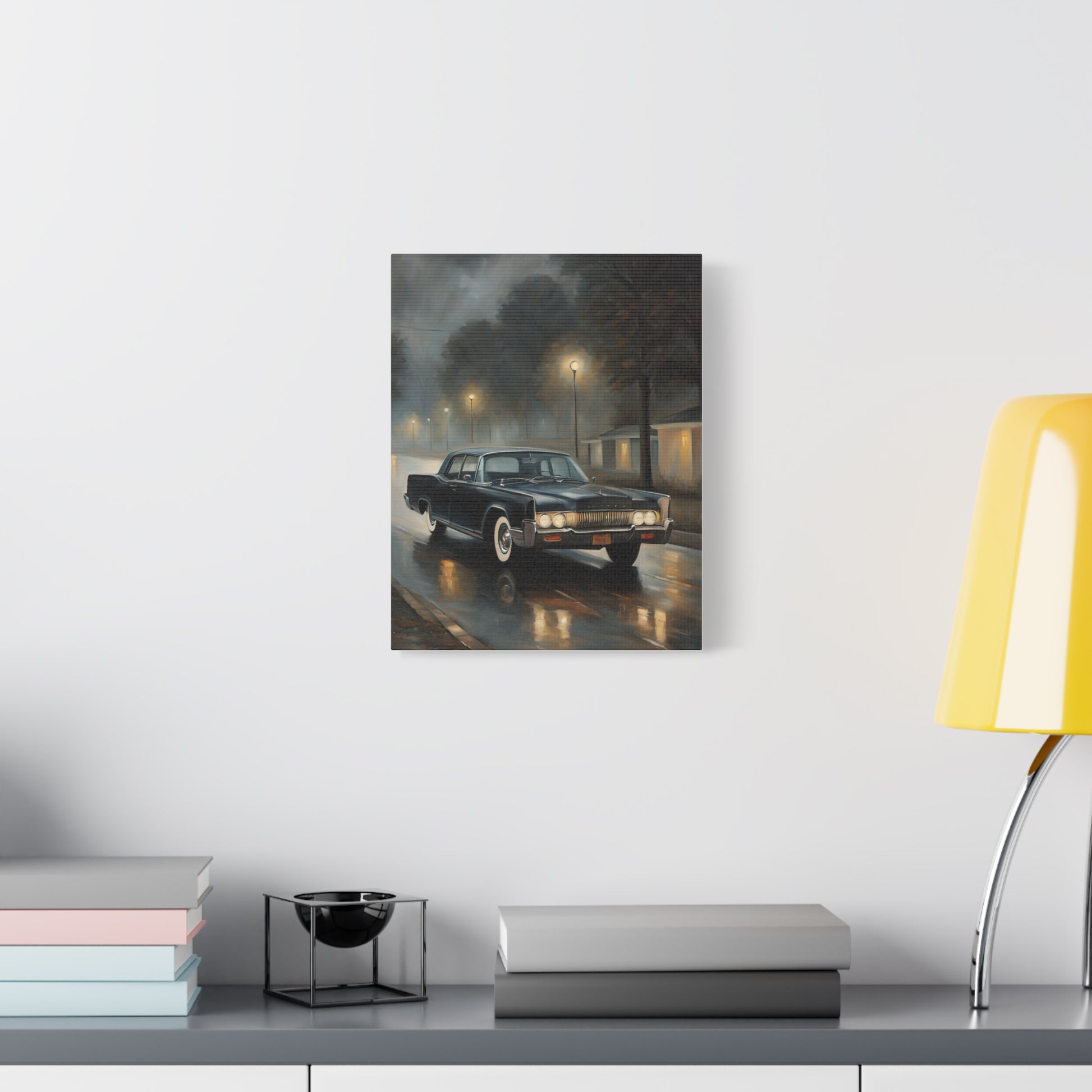 Stylish Stretched Canvas Art: Classic Car in Rainy Night Scene displayed in modern home decor setting