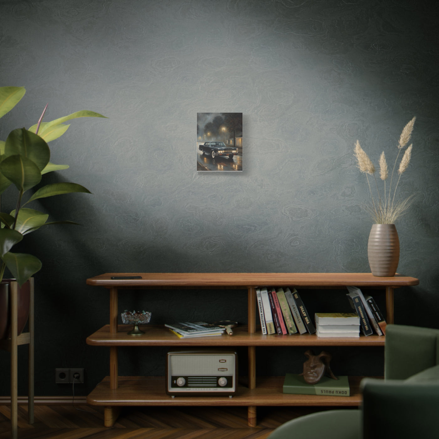 Stylish Stretched Canvas Art: Classic Car in Rainy Night Scene displayed on a wooden shelf in a modern living room