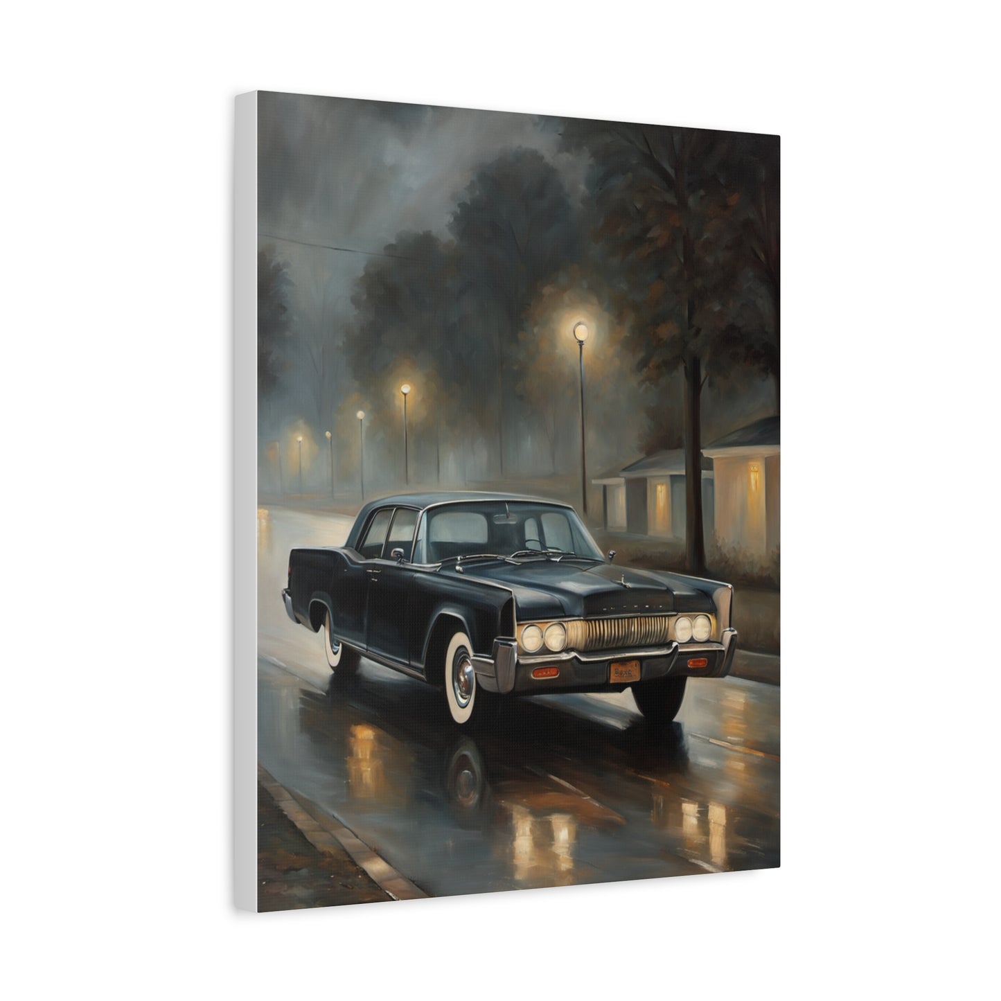 Stylish Stretched Canvas Art: Classic Car in Rainy Night Scene with Moody Lighting and Reflections